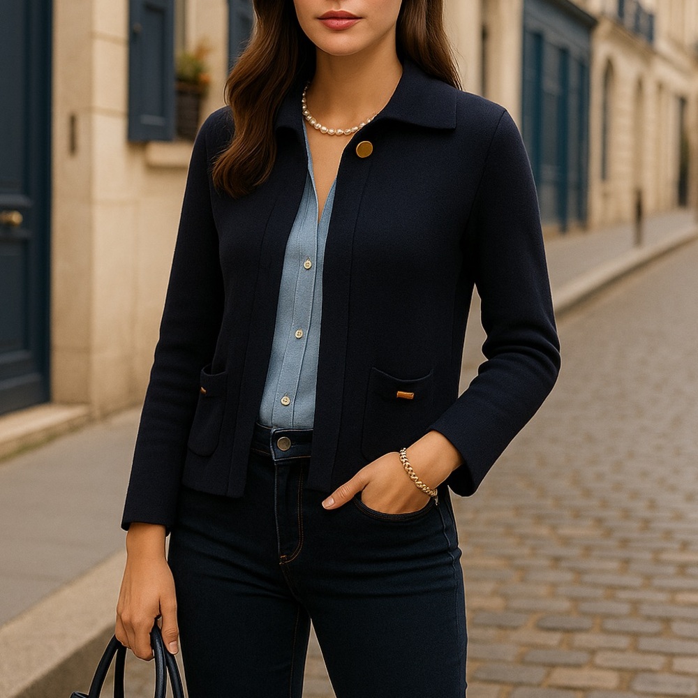 SOLD Saint James Atelier Wool Cardigan – Navy with Gold Button - Picture 1 of 14